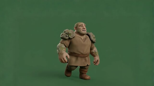 A 3D rendered cartoon ogre character walking in a studio setting with a green screen background.
