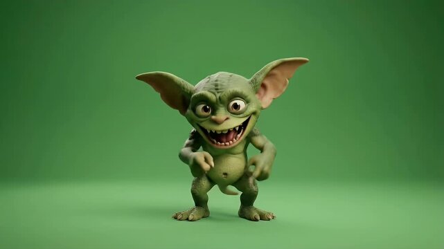 Playful 3D animated green goblin character dancing and posing.