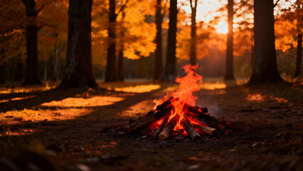 Campfire burning in a forest during autumn sunset