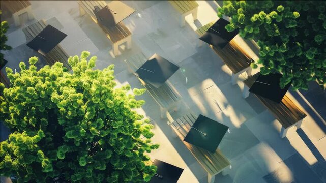 Seating area with shade provided by trees, set in an urban environment.