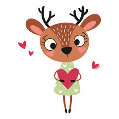 Cute deer in a dress holding a heart, flat vector illustration on the theme of Valentine's Day. Vector illustration