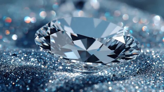 Brilliant cut diamond resting on a sparkling, glittery surface, reflecting light.