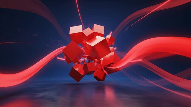 Red geometric shapes exploding in a dark room with glowing lines