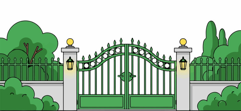 Ornate green gate with pillars, lanterns, and lush green foliage