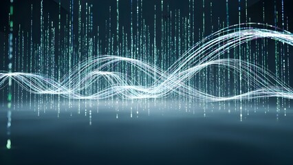 Dynamic digital wave pattern with glowing lines and data streams