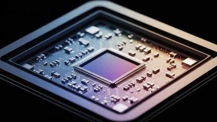 Close-up of a modern computer chip with intricate circuitry and a central processing unit.