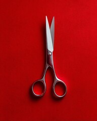 Shiny silver metal scissors with blades slightly open, centered on a vibrant red textured background, top-down view for cutting and craft themes.