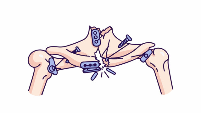 Illustration of a severely fractured bone being surgically repaired with plates and screws