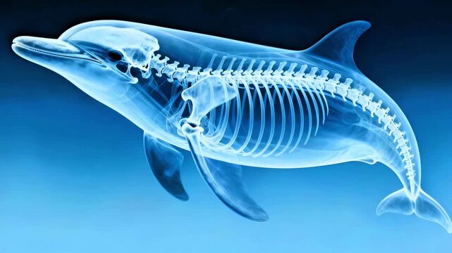 X-ray visualization reveals the intricate internal skeletal structure of a vibrant blue dolphin swimming gracefully through deep ocean waters, showcasing marine biology science.