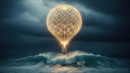Glowing hot air balloon soaring above turbulent ocean waves at dusk