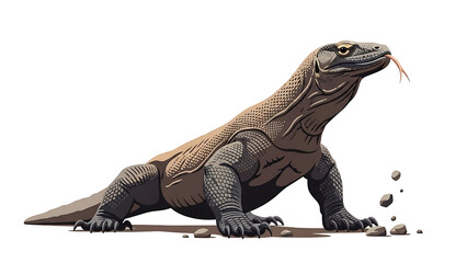 Fototapeta premium A Komodo dragon standing on a rocky surface, eating a twig
