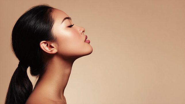Profile shot of a beautiful Asian woman with perfect skin against a warm beige backdrop, radiating confidence and grace in a studio setting. A picture of health and beauty.