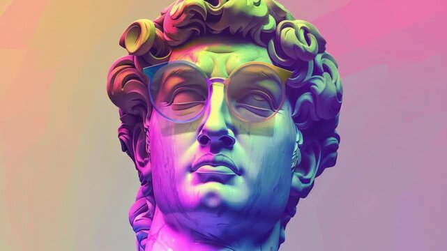 A modern and colorful interpretation of the iconic Mona Lisa statue, featuring sunglasses and a wearable art design.