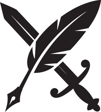 Quill pen crossing small sword vector icon representing writing literature and warfare concept