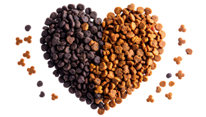 Heart shaped dog food isolated on transparent backdrop brown and black mixture isolated on solid white background2