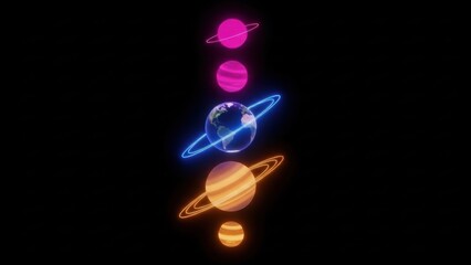 Vibrant planets and Earth in neon orbit around a glowing black background
