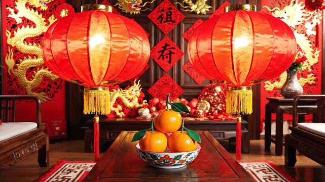 Traditional Chinese New Year Celebration Interior Decor with Lanterns and Oranges in Living Room