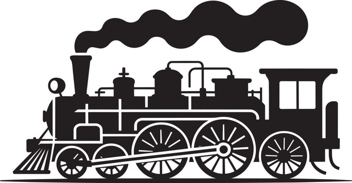 Vintage steam train silhouette with smoke puffing from chimney and wheels