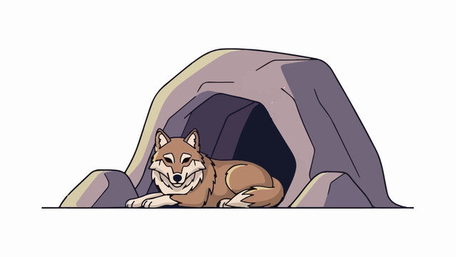 Cartoon wolf resting in a den at the entrance of a cave