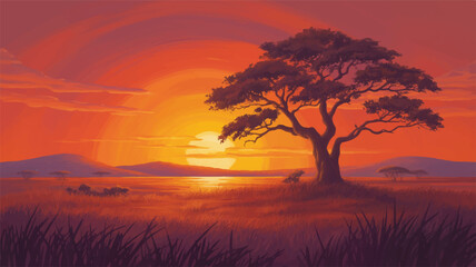 African savanna sunset with acacia tree and distant mountains sunrise