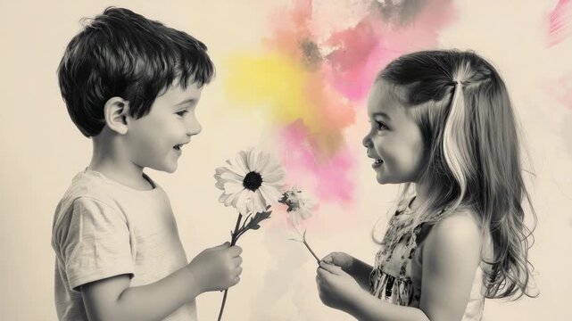 Two young children sharing a joyous moment as they exchange flowers. One child is holding a daisy, symbolizing nature and innocence.