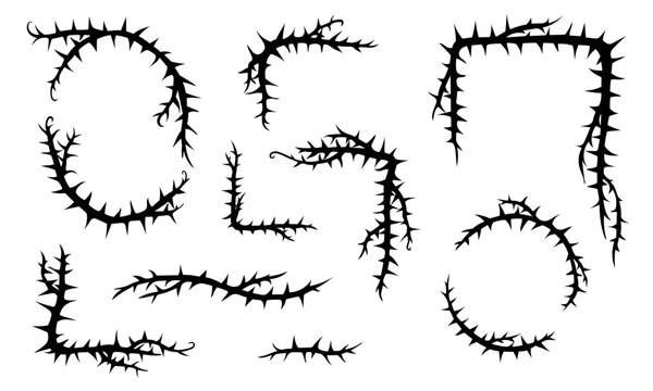Thorn vine frames and borders vector set. Black twisted thorn branches, barbed stems, creepy patterns. Isolated design elements for tattoos, gothic art, religious symbols.