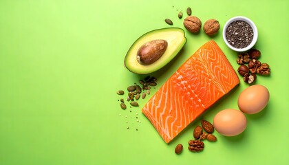 An assortment of nutritious foods on a bright green backdrop, featuring salmon, avocado, nuts, and eggs
