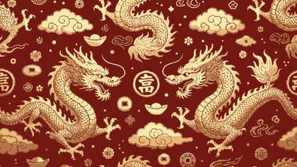 Obraz premium Golden dragons and chinese coins on red background for luxury asian new year celebration decoration with Chinese New Year and Luxury decoration and Asian culture