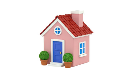 Cartoon Pink House with Red Roof and Blue Door