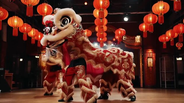 Traditional lion dancer performing in a Chinese cultural hall with red lanterns