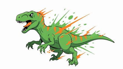 Fototapeta premium Green dinosaur with orange accents and green/orange streaks moving fast