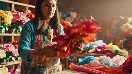 Woman crafting vibrant paper flowers in a workshop.