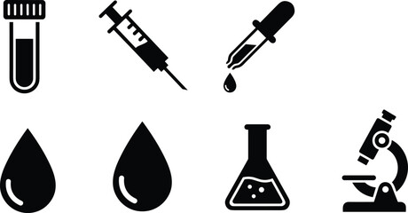 Medical lab icons including test tube, syringe, dropper, blood drops, flask, and microscope in bold black silhouette vector illustration © MdRazaul