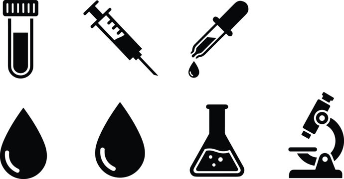 Medical lab icons including test tube, syringe, dropper, blood drops, flask, and microscope in bold black silhouette vector illustration