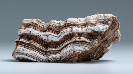 Striated rock formation with white and brown layers, showcasing intricate geological patterns. Perfect for science and nature themes, emphasizing Earth's beauty.