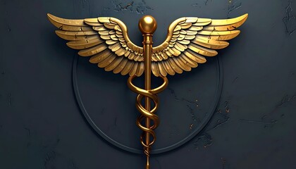 A detailed emblem featuring golden wings surrounding a caduceus against a textured background