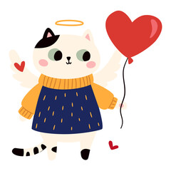 A cute cat cupid with wings wearing a sweater is holding a heart-shaped balloon. Flat vector illustration on the theme of Valentine's Day. Vector illustration