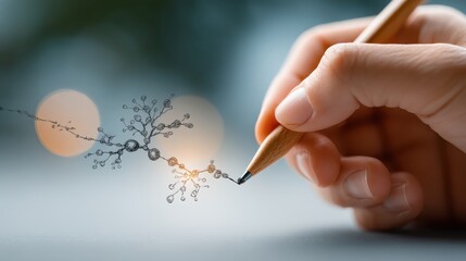 A hand drawing a line connects two isolated nodes in a creative graphic illustration.