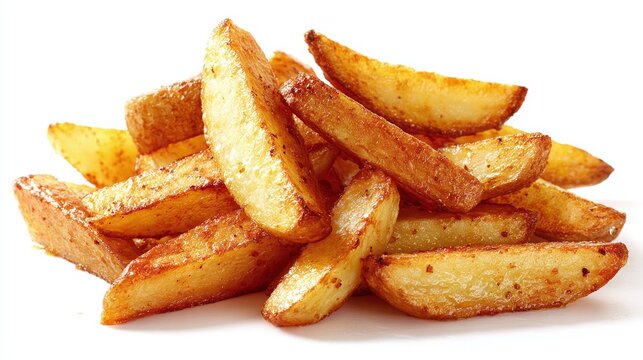 Golden, crispy potato wedges on a stark white background. Perfectly seasoned and mouthwatering, these thick-cut fries are ideal for any snack or side dish. Pure comfort food!