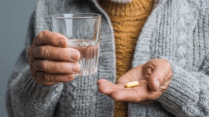 An elderly person holding a pill in one hand and a glass of water in the other.  Focused on health and wellness, medication reminders, daily rituals, and careful self-care.
