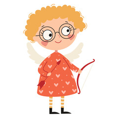 Fototapeta premium A cute cupid girl holding a bow and arrows, flat vector illustration on the theme of Valentine's Day. Vector illustration
