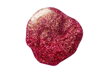 A sample of red nail polish with a shimmer and metallic effect. Isolated on a white background