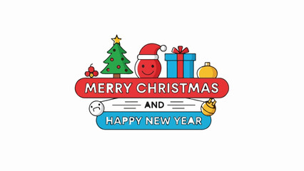 Naklejka premium Festive greeting with cartoon tree, Santa face, gift, and ornaments