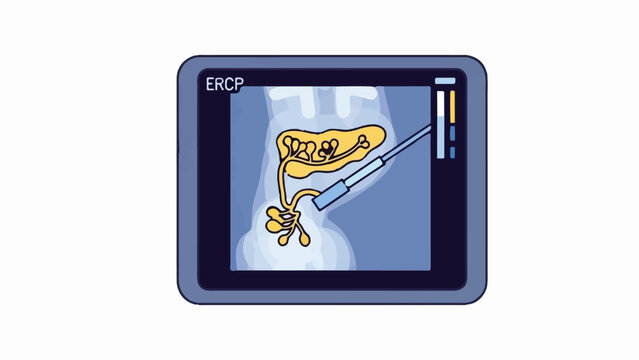 Medical display shows an ERCP procedure with an endoscope examining the bile ducts