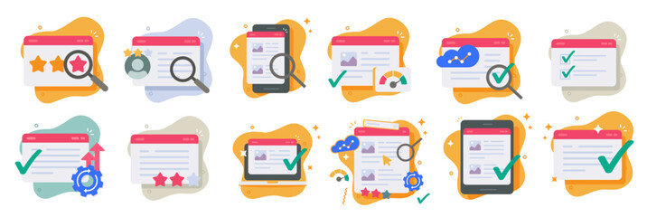 Seo marketing web site technology icon vector modern graphic illustration set, website interface design layout development, analysis analytics load speed optimization, webpage performance review rate