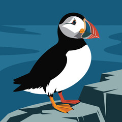 Obraz premium Charming puffin bird stands on a rocky sea cliff against a dark blue ocean, showcasing the iconic look of this coastal seabird species.