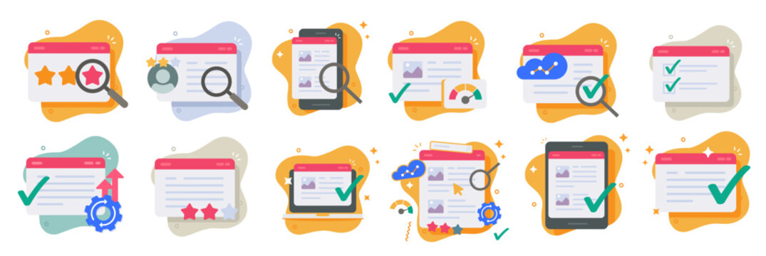 Seo marketing web site technology icon vector modern graphic illustration set, website interface design layout development, analysis analytics load speed optimization, webpage performance review rate