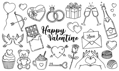 バレンタインと恋愛モチーフの線画デザイン素材セット｜ハート・指輪・プレゼント・チョコレート・手・メッセージなど愛を表現するシンプルアイコン