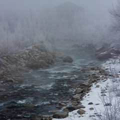 Landscape, trees, snow, kar, travel, forest, road, river, stream.