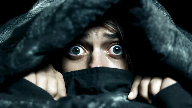 Close up portrait of frightened person hiding under blanket with wide eyes in dark setting